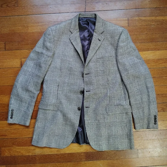 Burberry Men's Silk Linen Wool 3-Button Blazer Brown Tan Houndstooth Plaid 44L